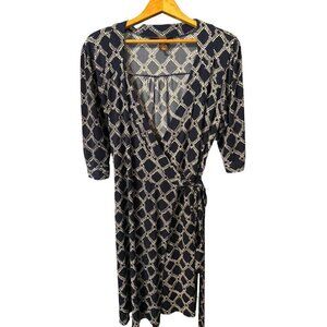 Merona Size LRG Dress Faux Wrap Navy Blue White Polka Dot Lattice V Neck Knee